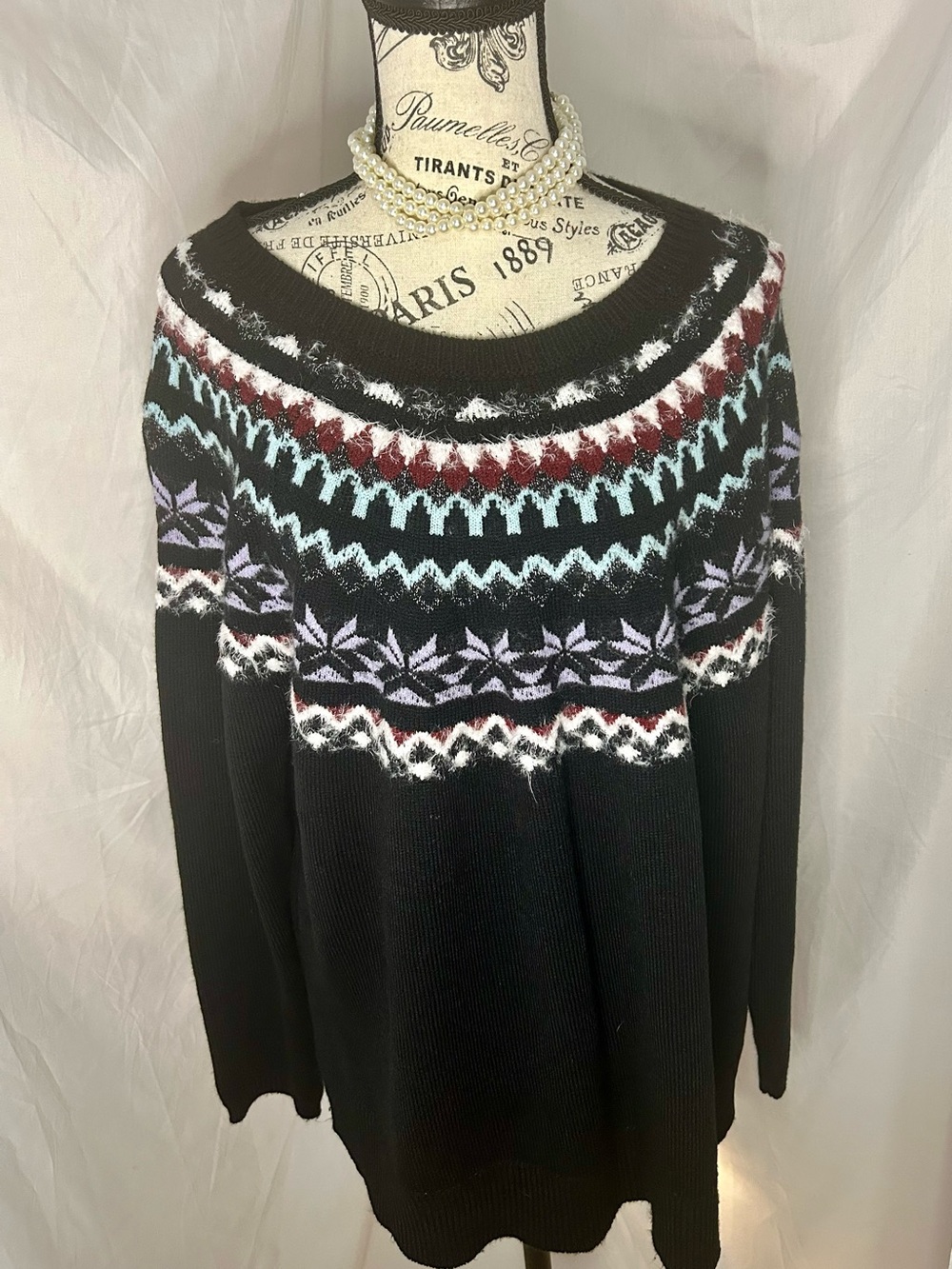 Unisex xxl Grunge,Preppy Black Fair Isle Yoke Crewneck Sweater
